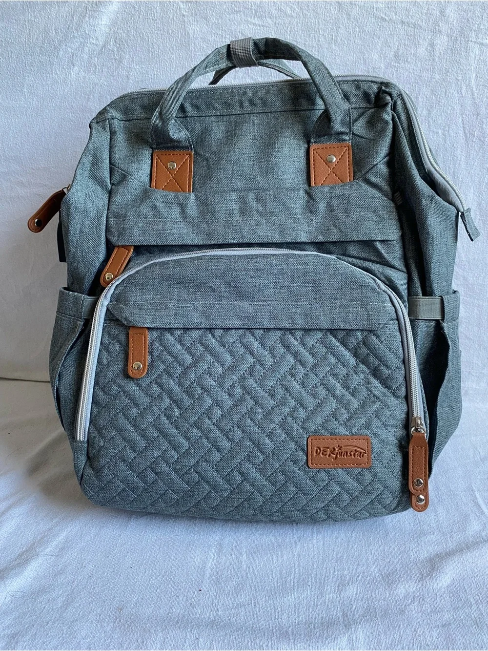 Derjunstar Gray Quilted Baby Backpack Diaper Bag with Accessories Portable